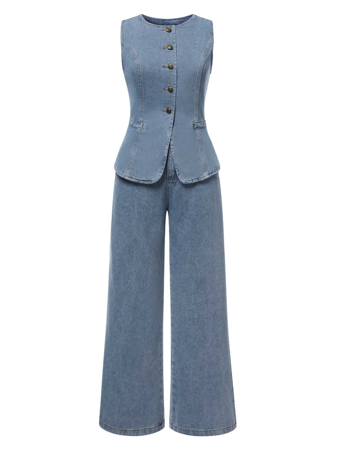 She walks in these 2PCS Blue 1940s Sleeveless Vest &amp; Wide-Leg Denim Jeans and the world follows
