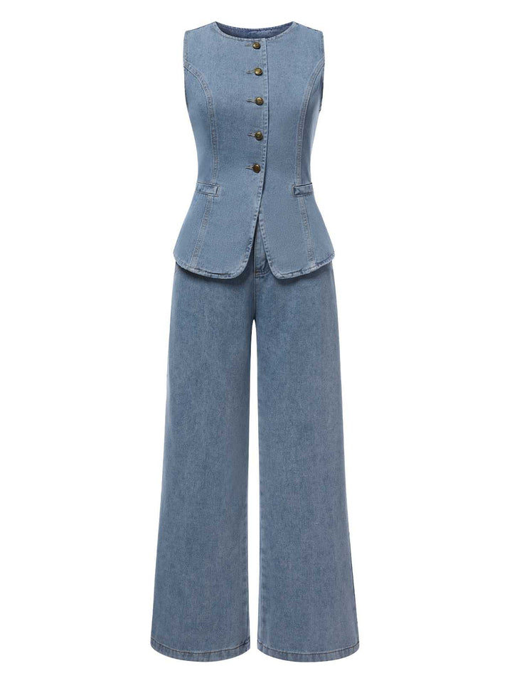 She walks in these 2PCS Blue 1940s Sleeveless Vest &amp; Wide-Leg Denim Jeans and the world follows