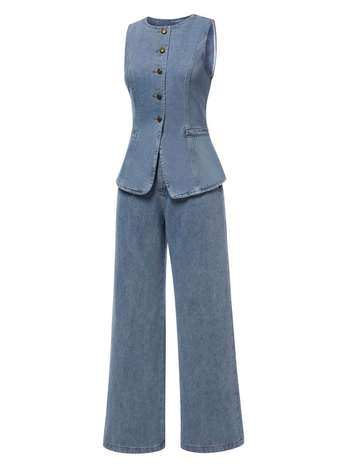 2PCS Blue 1940s Sleeveless Vest &amp; Wide-Leg Denim Jeans: 1940s power dressing, reimagined
