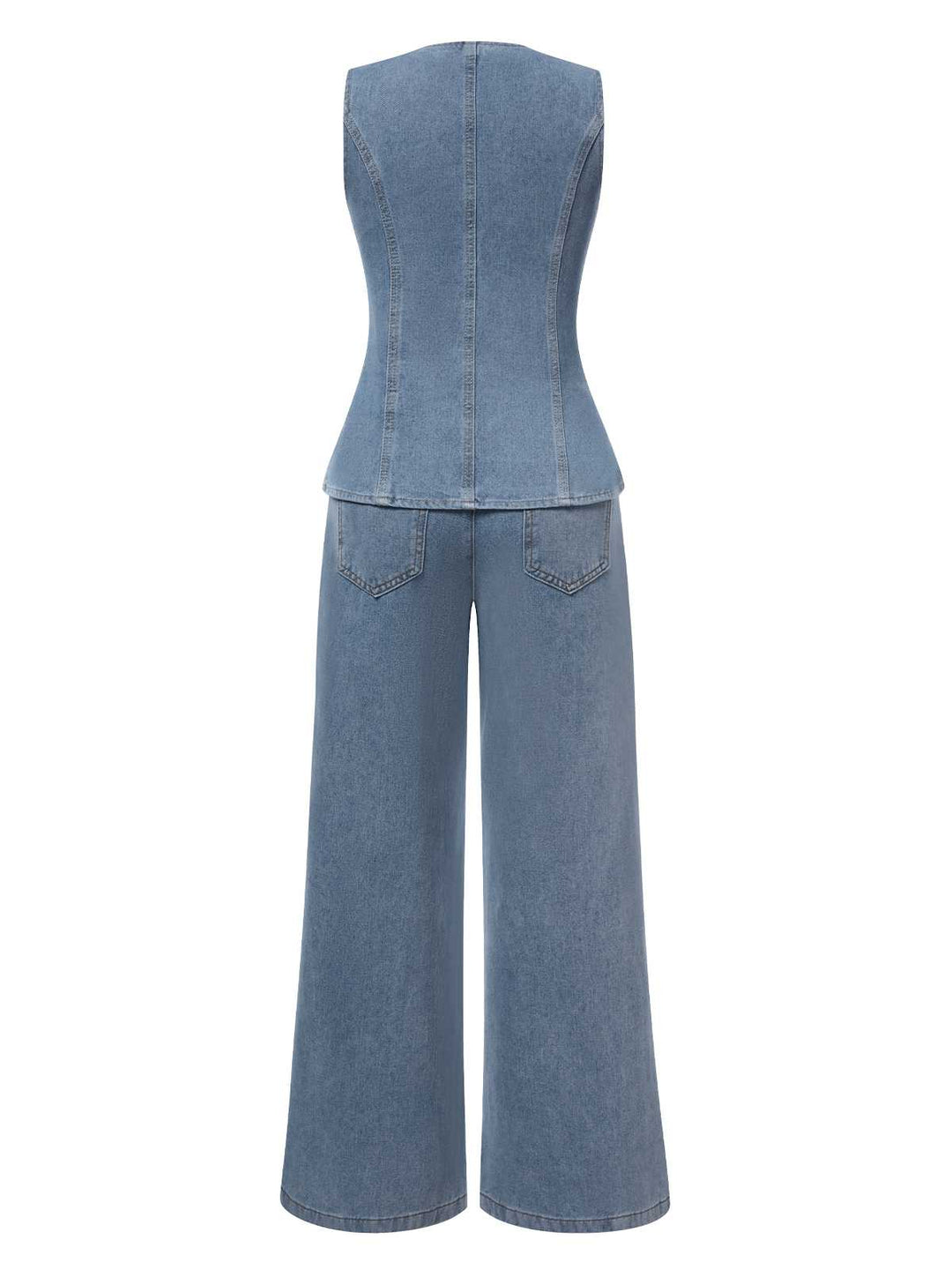 These 2PCS Blue 1940s Sleeveless Vest &amp; Wide-Leg Denim Jeans carry 1940s ambition in every seam