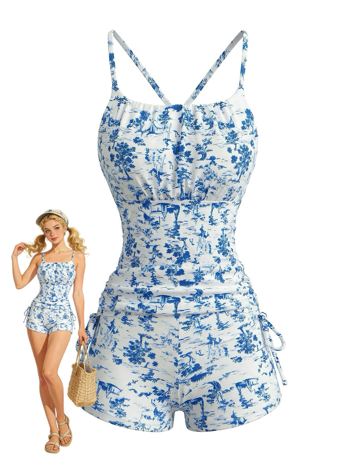 2PCS Blue Floral Pleated Tankini &amp; High-Waist Shorts, vintage fashion, retro style - perfect for women who love vintage and retro fashion