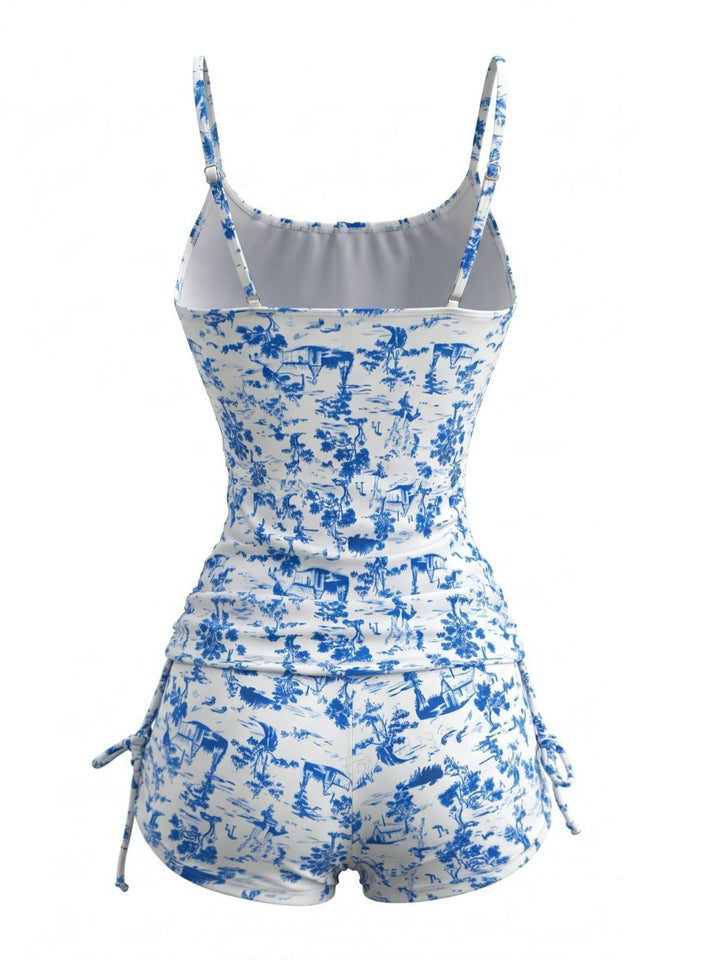 2PCS Blue Floral Pleated Tankini &amp; High-Waist Shorts, vintage fashion, retro style - perfect for women who love vintage and retro fashion