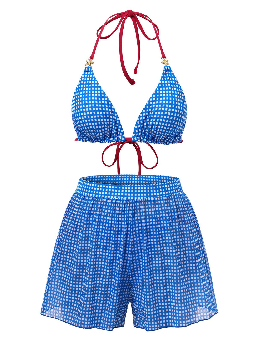 2PCS Blue 1950s Halter Plaid Alloy Star Bikini Set &amp; Shorts, vintage swimsuit, pin-up swimwear - perfect for women who love vintage and retro fashion