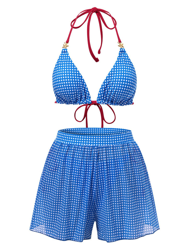 2PCS Blue 1950s Halter Plaid Alloy Star Bikini Set &amp; Shorts, vintage swimsuit, pin-up swimwear - perfect for women who love vintage and retro fashion