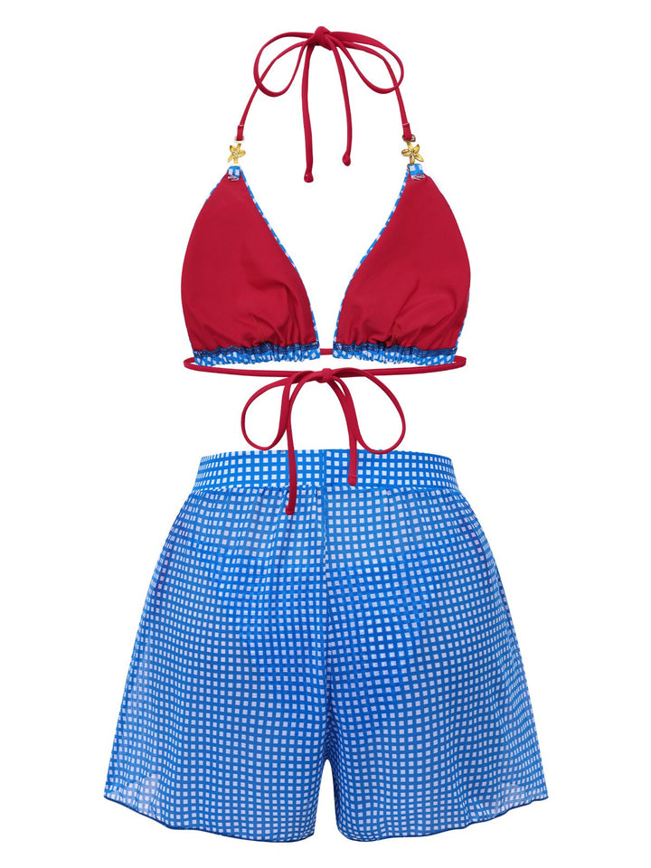 2PCS Blue 1950s Halter Plaid Alloy Star Bikini Set &amp; Shorts, vintage swimsuit, pin-up swimwear - perfect for women who love vintage and retro fashion