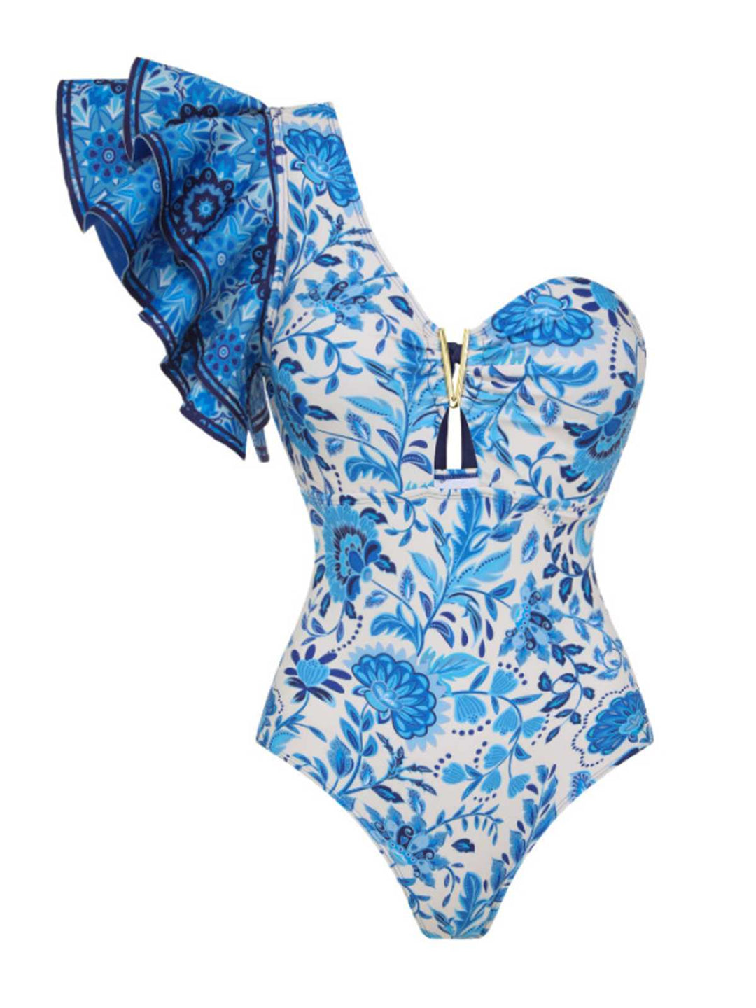 2PCS Blue 1950s One-Shoulder Print Swimsuit &amp; Cover-Up: 1950s Riviera elegance, reimagined for her