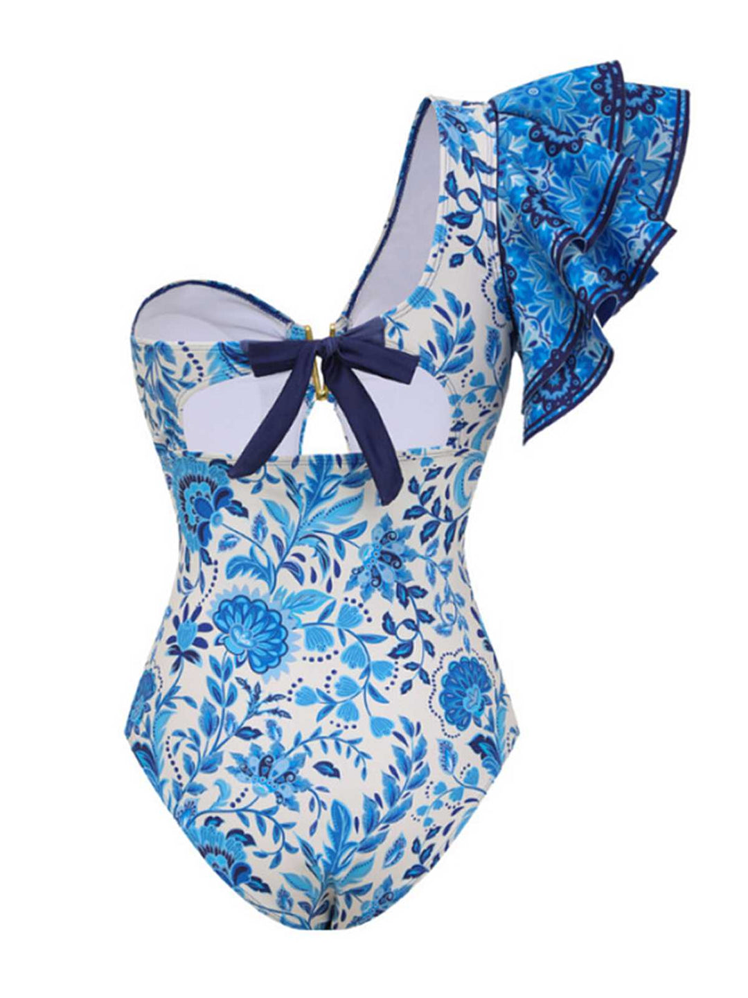 This 2PCS Blue 1950s One-Shoulder Print Swimsuit &amp; Cover-Up carries 1950s vacation dreams in every stitch
