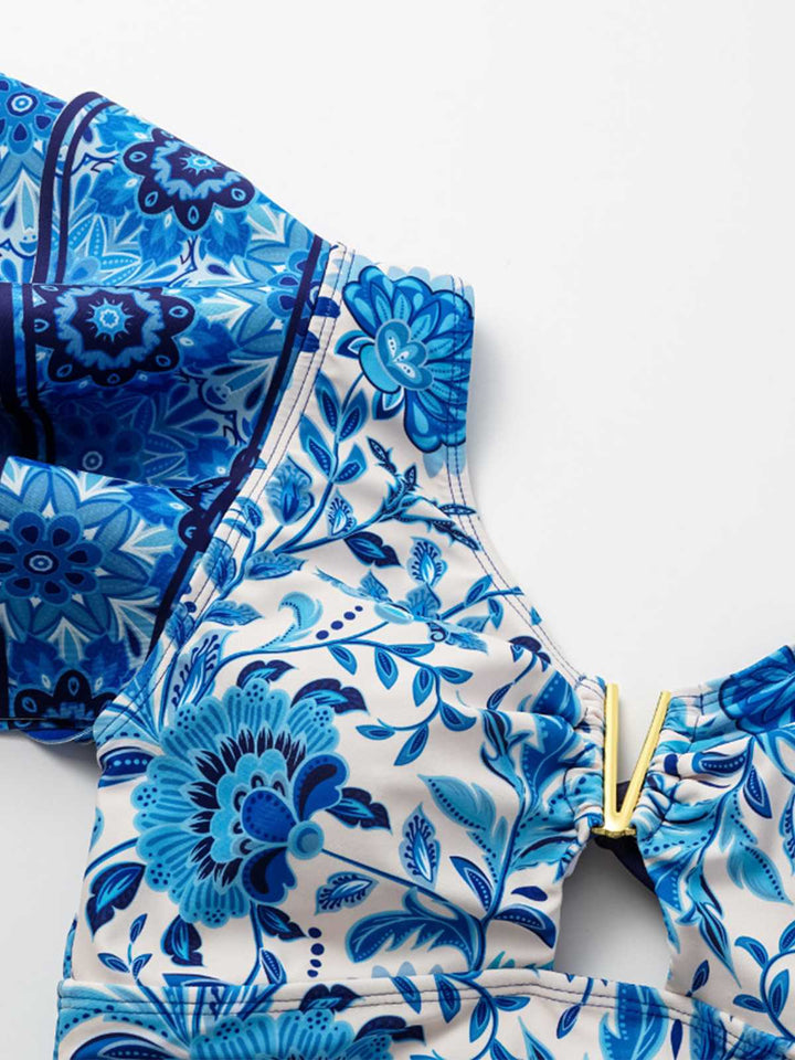 2PCS Blue 1950s One-Shoulder Print Swimsuit &amp; Cover-Up — because 1950s glamour never goes out of style
