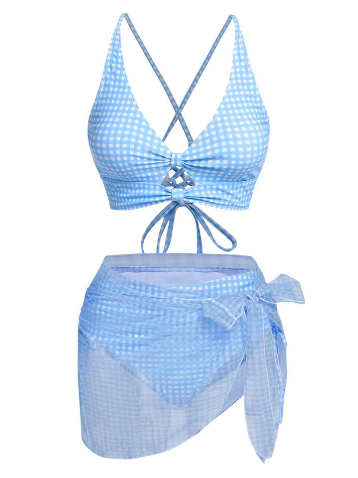 2PCS Blue 1950s Plaids Swimsuit &amp; Mesh Cover-Up: 1950s Riviera elegance, reimagined for her