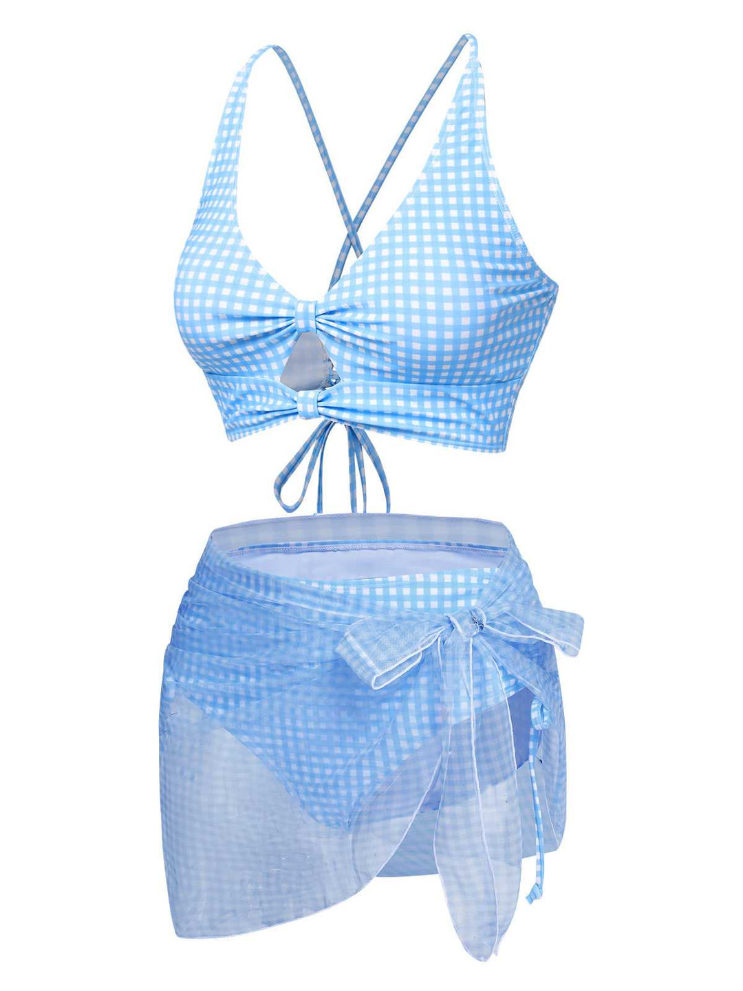 This 2PCS Blue 1950s Plaids Swimsuit &amp; Mesh Cover-Up carries 1950s vacation dreams in every stitch