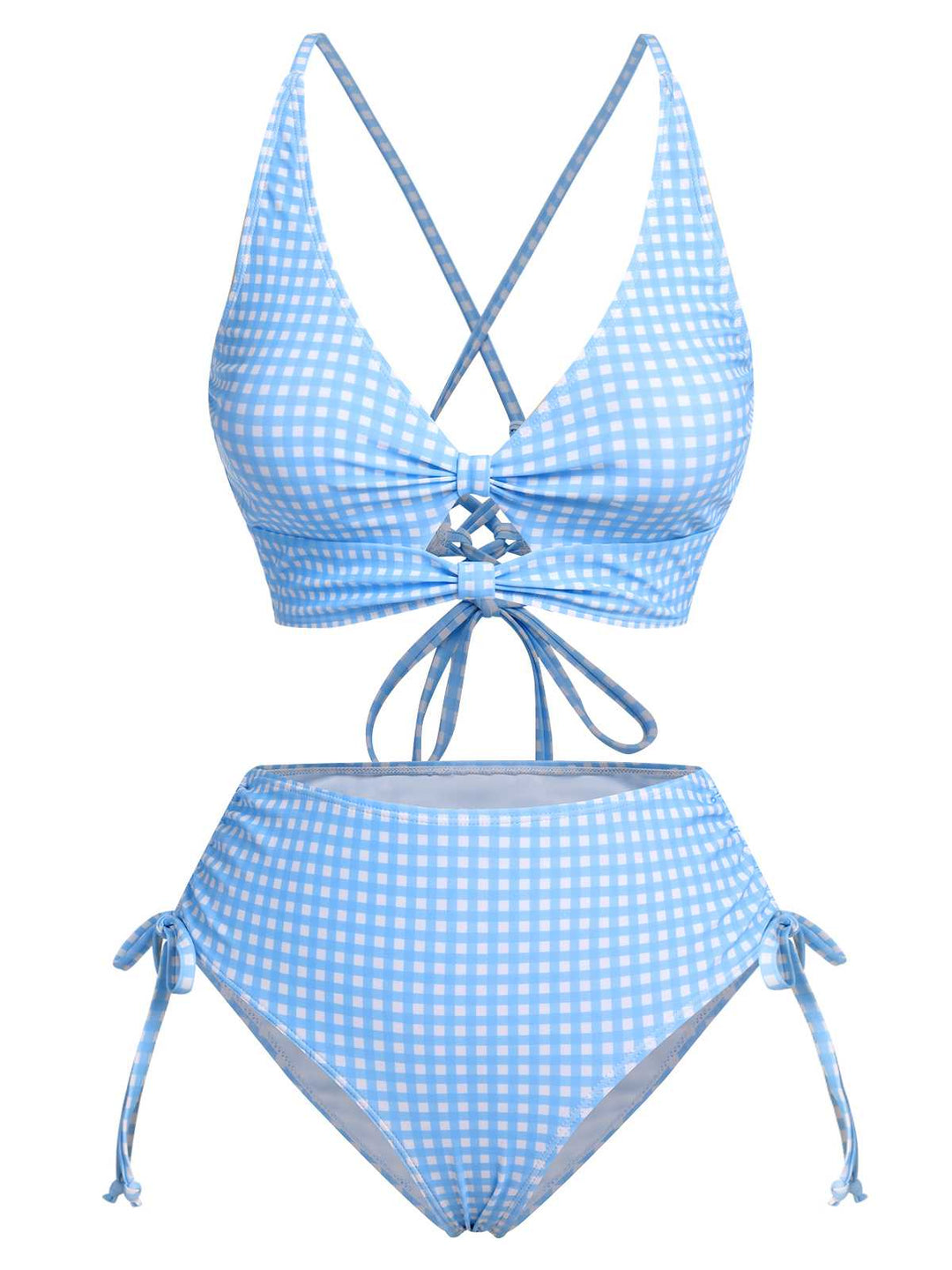 2PCS Blue 1950s Plaids Swimsuit &amp; Mesh Cover-Up — 1950s poolside glamour meets sun-drenched confidence