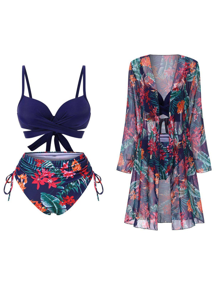 2PCS Blue 1960s Floral Plant Print Bikini Sets &amp; Cover-Up, vintage swimsuit, pin-up swimwear - perfect for women who love vintage and retro fashion