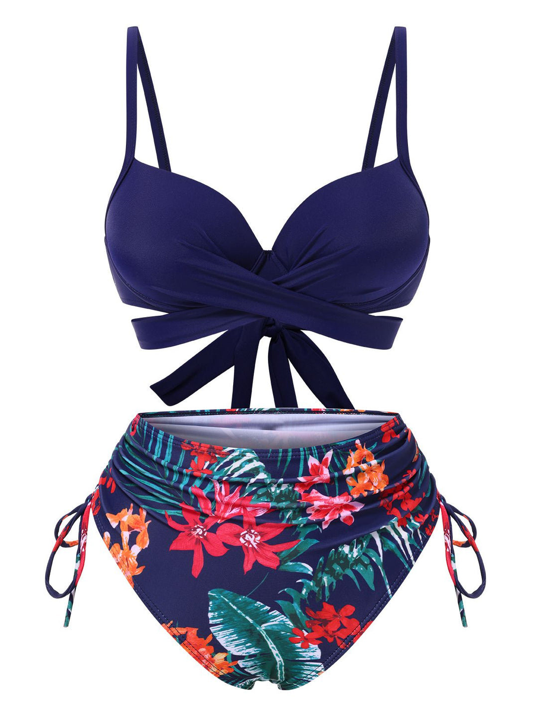 2PCS Blue 1960s Floral Plant Print Bikini Sets &amp; Cover-Up, vintage swimsuit, pin-up swimwear - perfect for women who love vintage and retro fashion