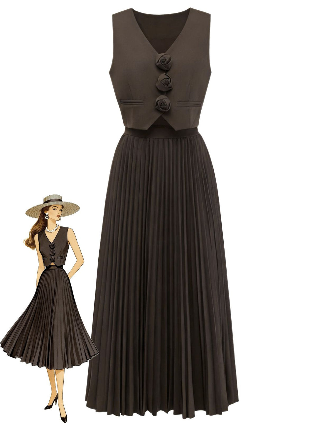 2PCS Brown 1940s Sleeveless Vest &amp; Pleated Midi Skirt, vintage skirt, retro style - perfect for women who love vintage and retro fashion