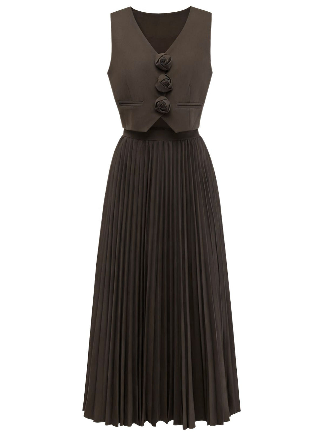 2PCS Brown 1940s Sleeveless Vest &amp; Pleated Midi Skirt, vintage skirt, retro style - perfect for women who love vintage and retro fashion