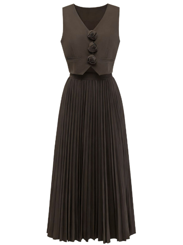 2PCS Brown 1940s Sleeveless Vest &amp; Pleated Midi Skirt, vintage skirt, retro style - perfect for women who love vintage and retro fashion