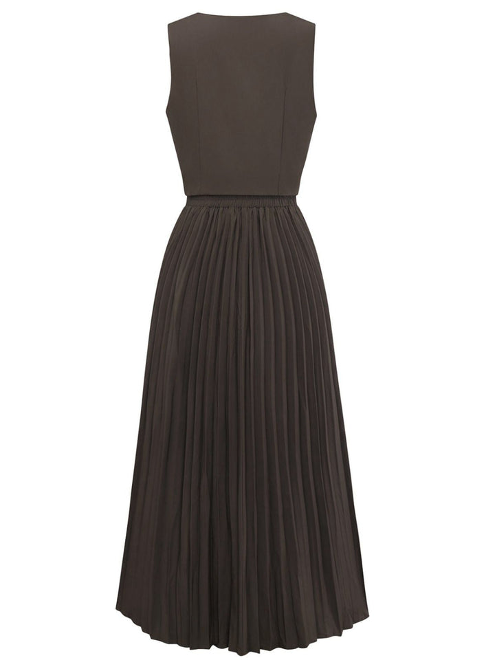2PCS Brown 1940s Sleeveless Vest &amp; Pleated Midi Skirt, vintage skirt, retro style - perfect for women who love vintage and retro fashion