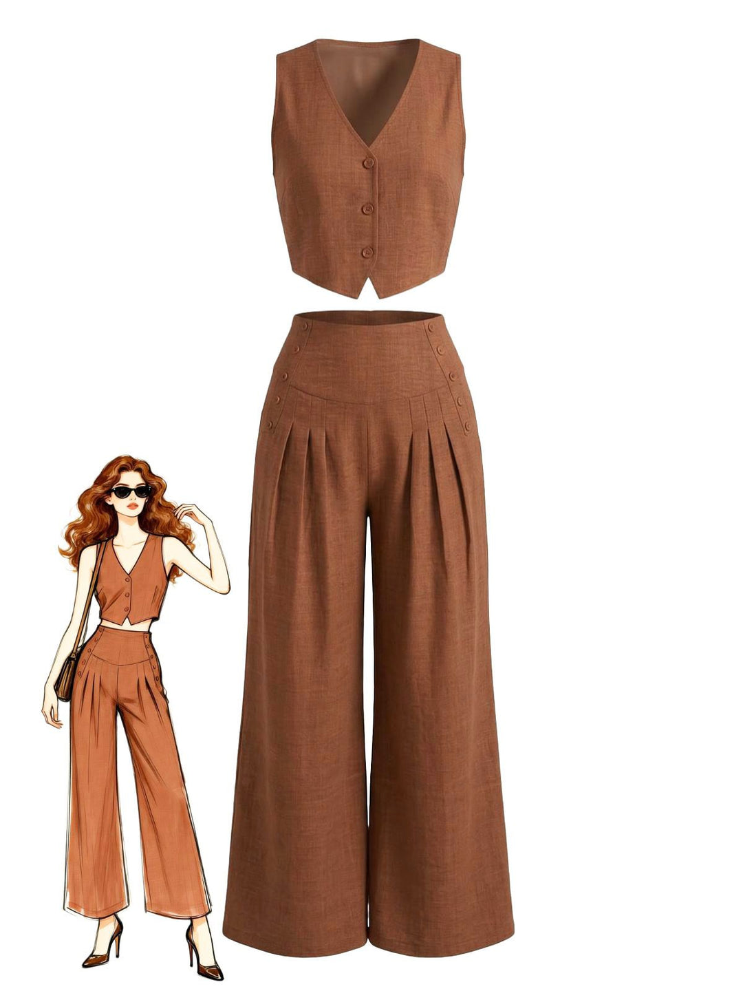2PCS Brown 1940s V-Neck Vest &amp; Wide Leg Pants, vintage fashion, retro style - perfect for women who love vintage and retro fashion