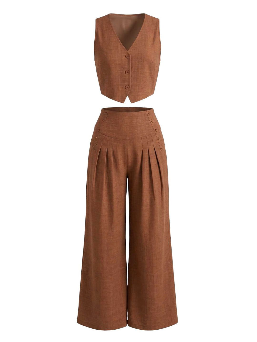 2PCS Brown 1940s V-Neck Vest &amp; Wide Leg Pants, vintage fashion, retro style - perfect for women who love vintage and retro fashion