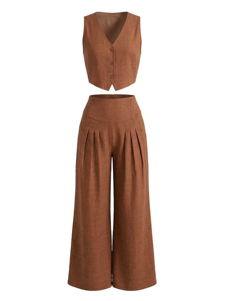2PCS Brown 1940s V-Neck Vest &amp; Wide Leg Pants, vintage fashion, retro style - perfect for women who love vintage and retro fashion