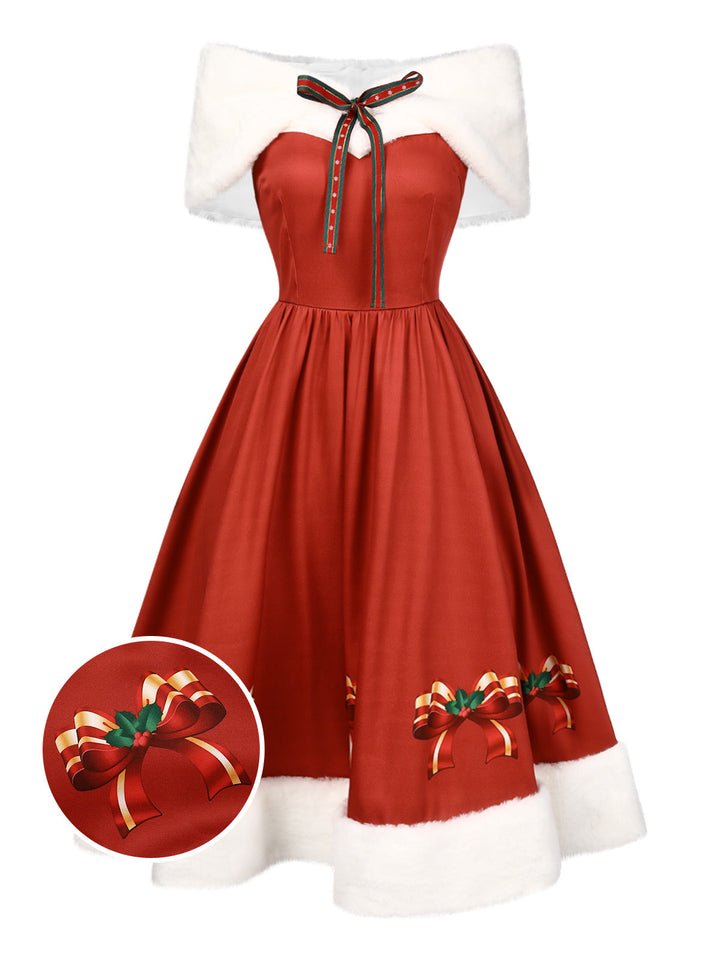She slips into this 2PCS Christmas 1950s Strapless Bow Fur Dress &amp; Shawl and suddenly it&