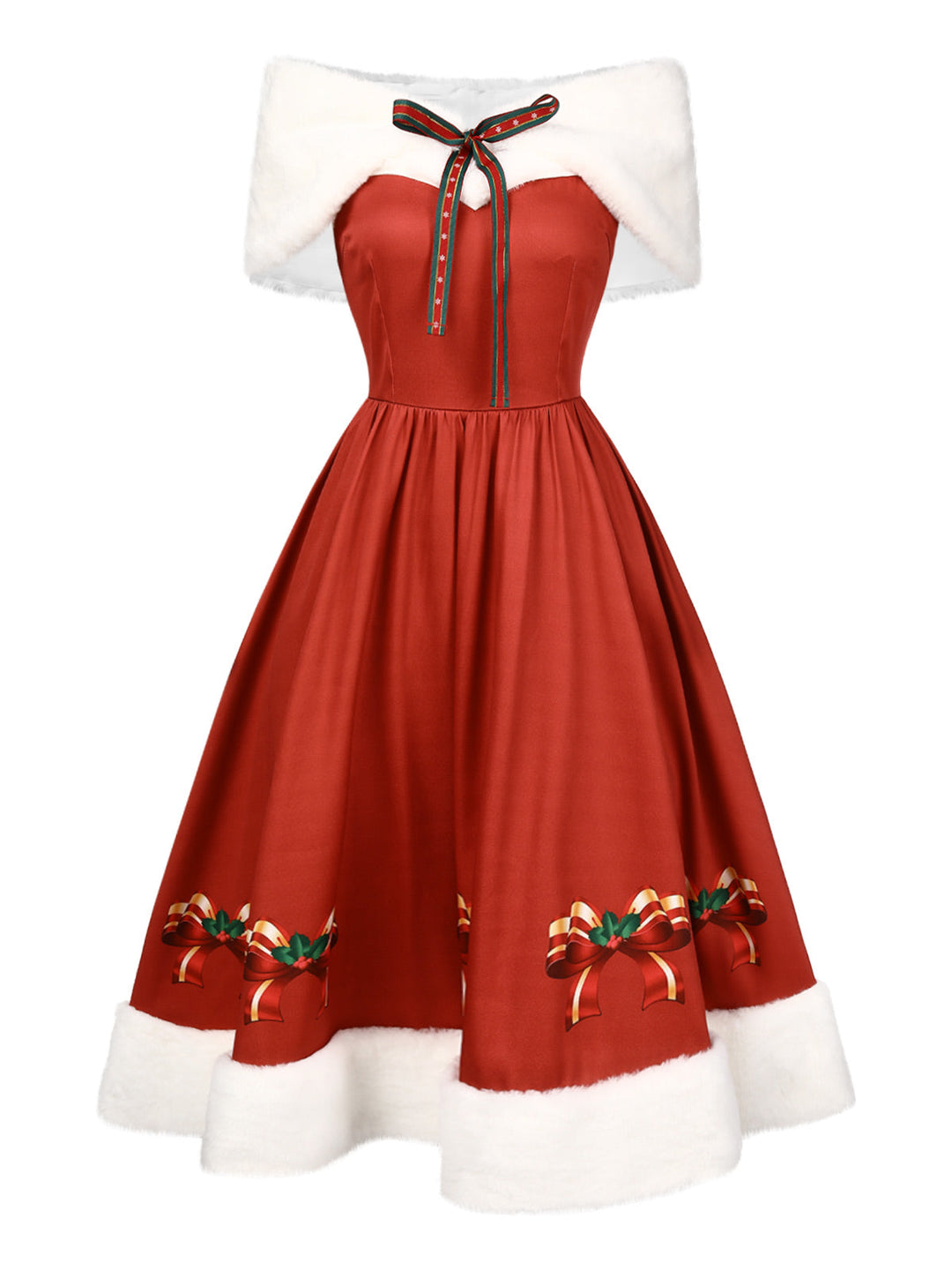 2PCS Christmas 1950s Strapless Bow Fur Dress &amp; Shawl: where 1950s romance meets her modern spirit