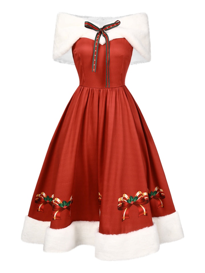 2PCS Christmas 1950s Strapless Bow Fur Dress &amp; Shawl: where 1950s romance meets her modern spirit