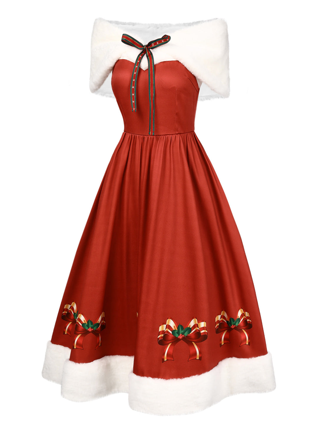 This 2PCS Christmas 1950s Strapless Bow Fur Dress &amp; Shawl wraps her in 1950s elegance, one twirl at a time