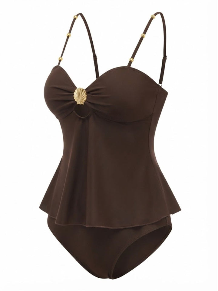 2PCS Dark Brown 1950s Solid Shell Tankini Set | vintage fashion, retro style, classic elegance - perfect for retro fashion enthusiasts