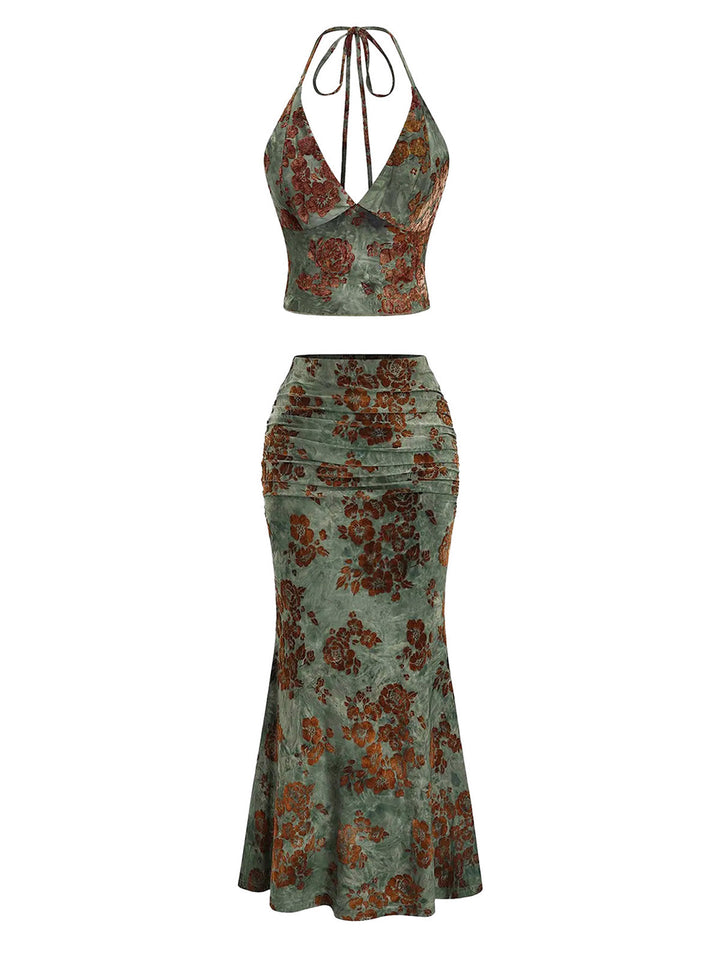 2PCS Dark Green 1970s Floral Halter Mermaid Skirt Set, vintage skirt, retro style - perfect for women who love vintage and retro fashion