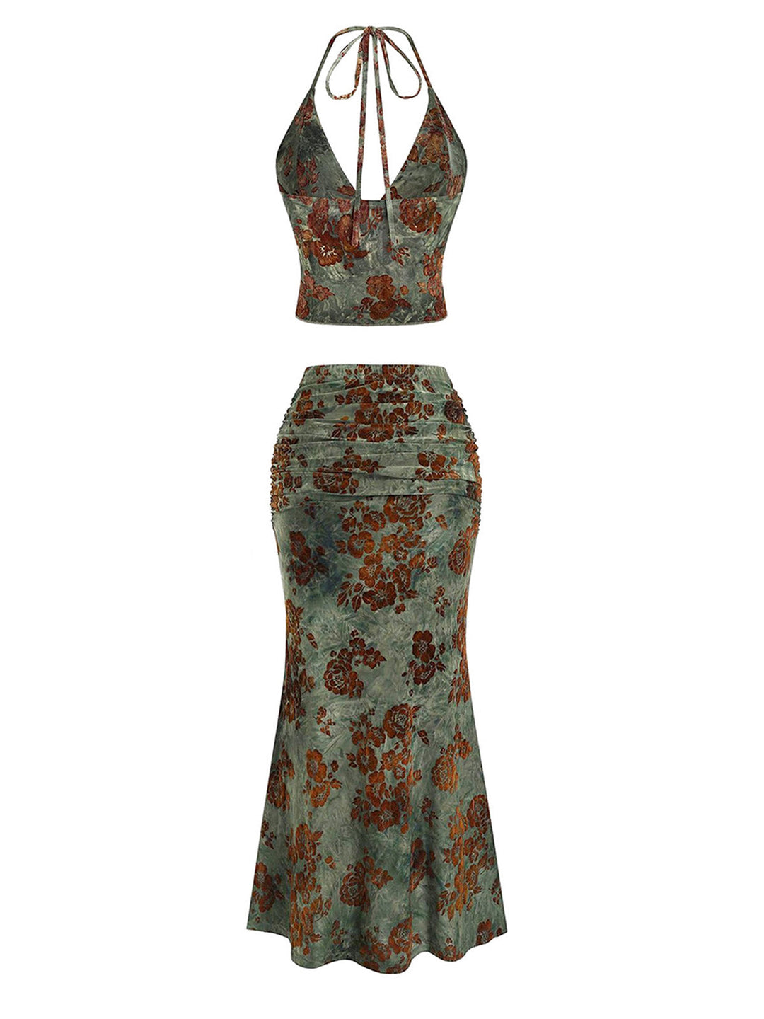 2PCS Dark Green 1970s Floral Halter Mermaid Skirt Set, vintage skirt, retro style - perfect for women who love vintage and retro fashion