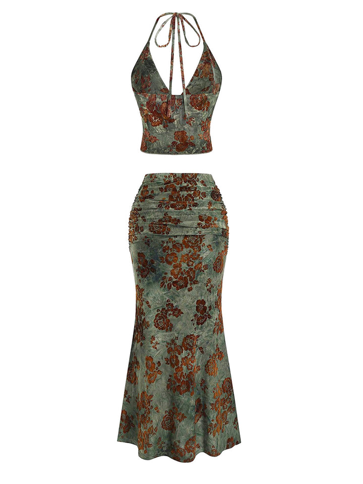 2PCS Dark Green 1970s Floral Halter Mermaid Skirt Set, vintage skirt, retro style - perfect for women who love vintage and retro fashion