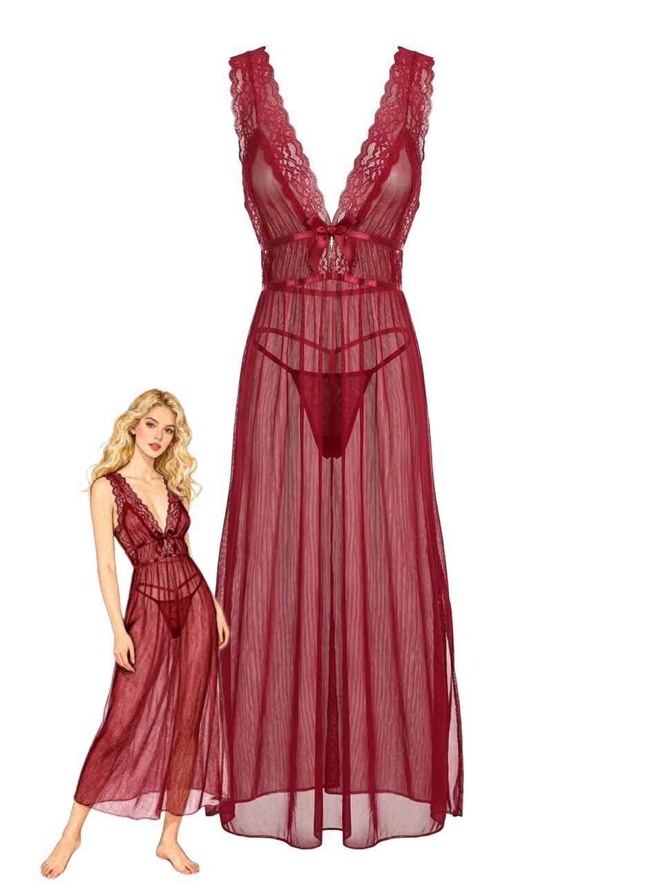 2PCS Deep Red Lace Color Block Knit Nightgown - vintage lingerie, retro nightgown, elegant sleepwear for vintage lovers