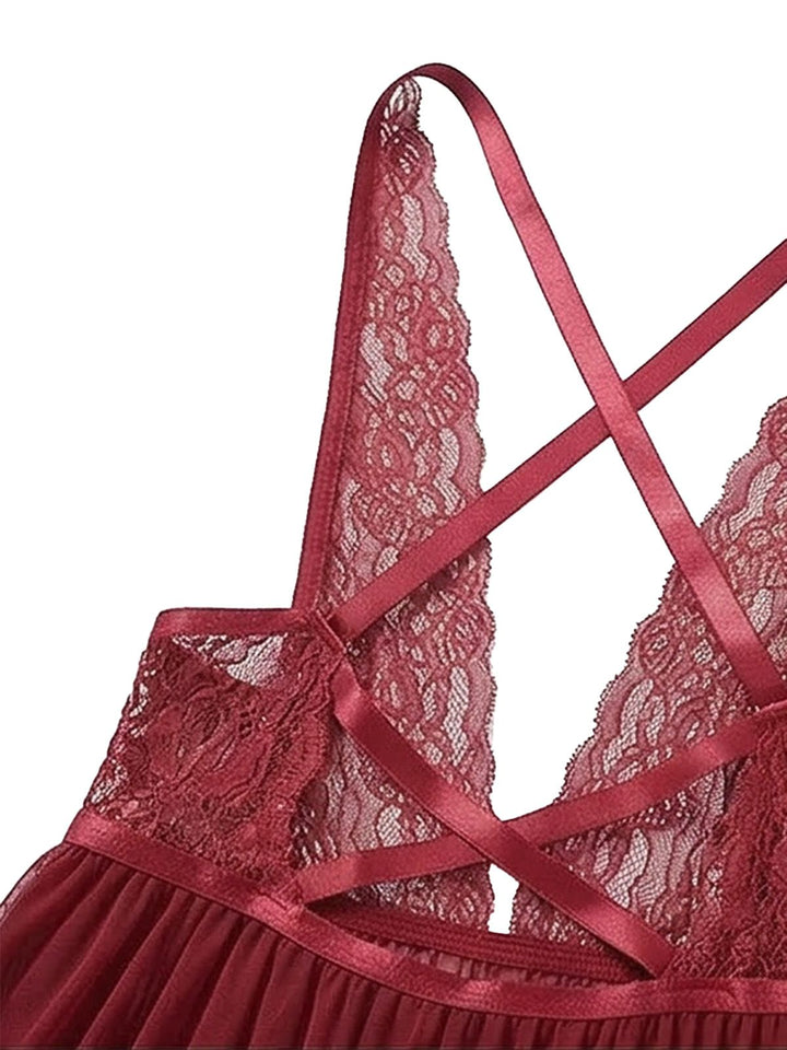2PCS Deep Red Lace Color Block Knit Nightgown: beautiful vintage lingerie, retro nightgown, elegant sleepwear with timeless appeal
