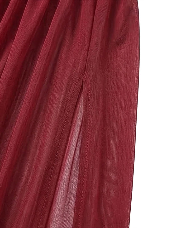 2PCS Deep Red Lace Color Block Knit Nightgown - vintage lingerie, retro nightgown, elegant sleepwear for vintage lovers