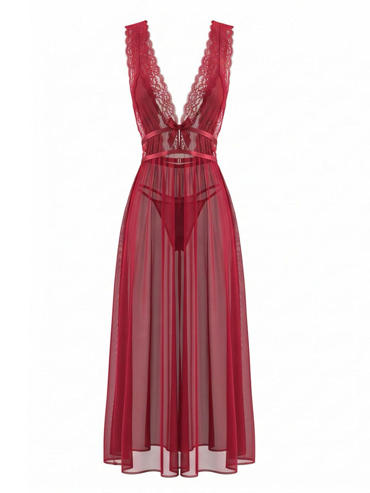 2PCS Deep Red Lace Color Block Knit Nightgown, vintage fashion, retro style - perfect for women who love vintage and retro fashion
