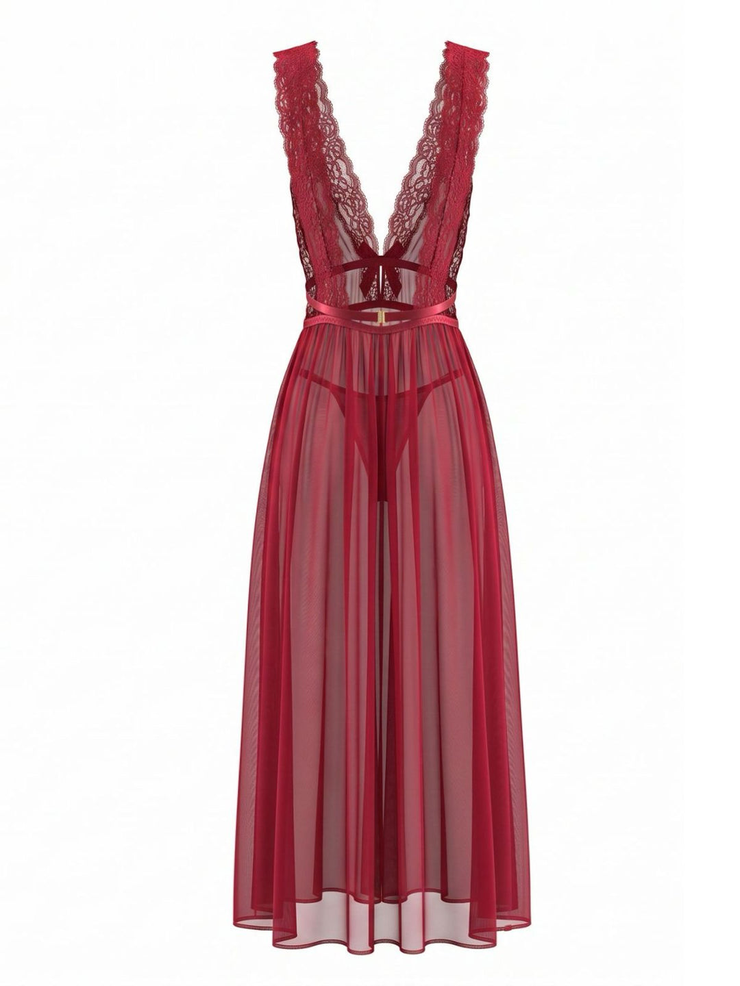 2PCS Deep Red Lace Color Block Knit Nightgown, vintage fashion, retro style - perfect for women who love vintage and retro fashion