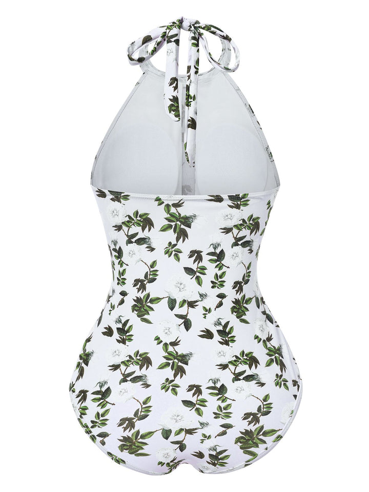 2PCS Green 1930s Leaf Print Halter One-Piece Swimsuit &amp; Cover Up, vintage swimsuit, pin-up swimwear - perfect for women who love vintage and retro fashion