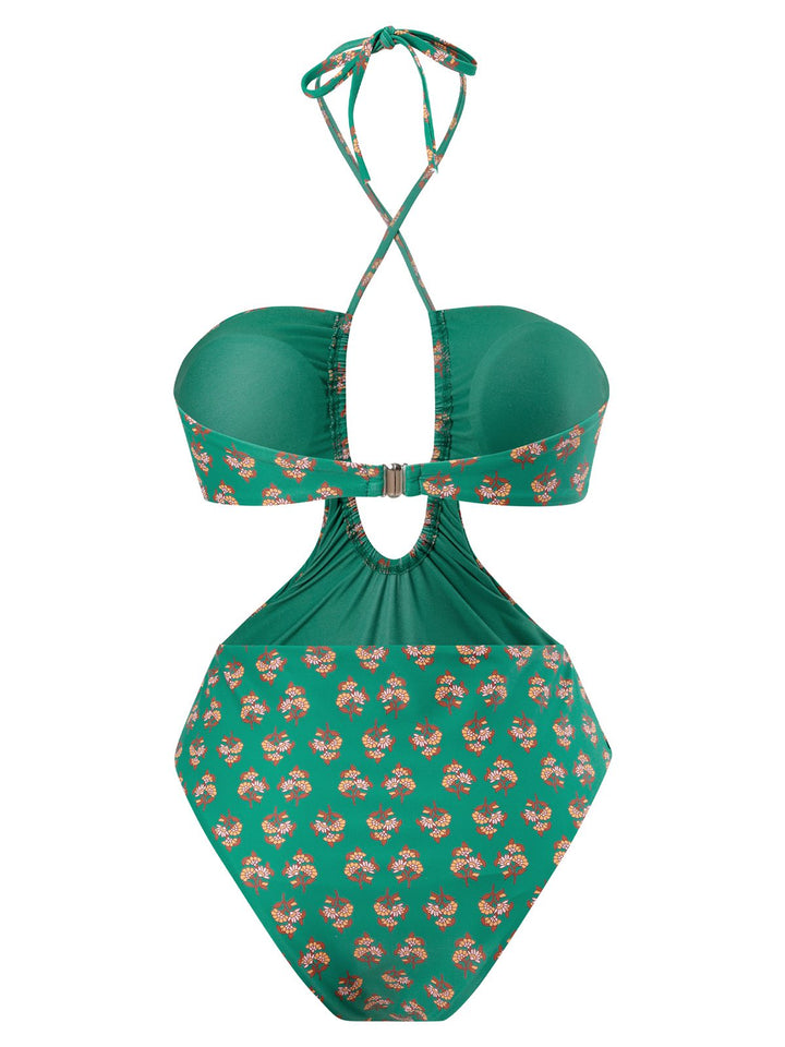 This 2PCS Green 1940s Flowers One-Piece Swimsuit &amp; Cover-Up carries 1940s vacation dreams in every stitch