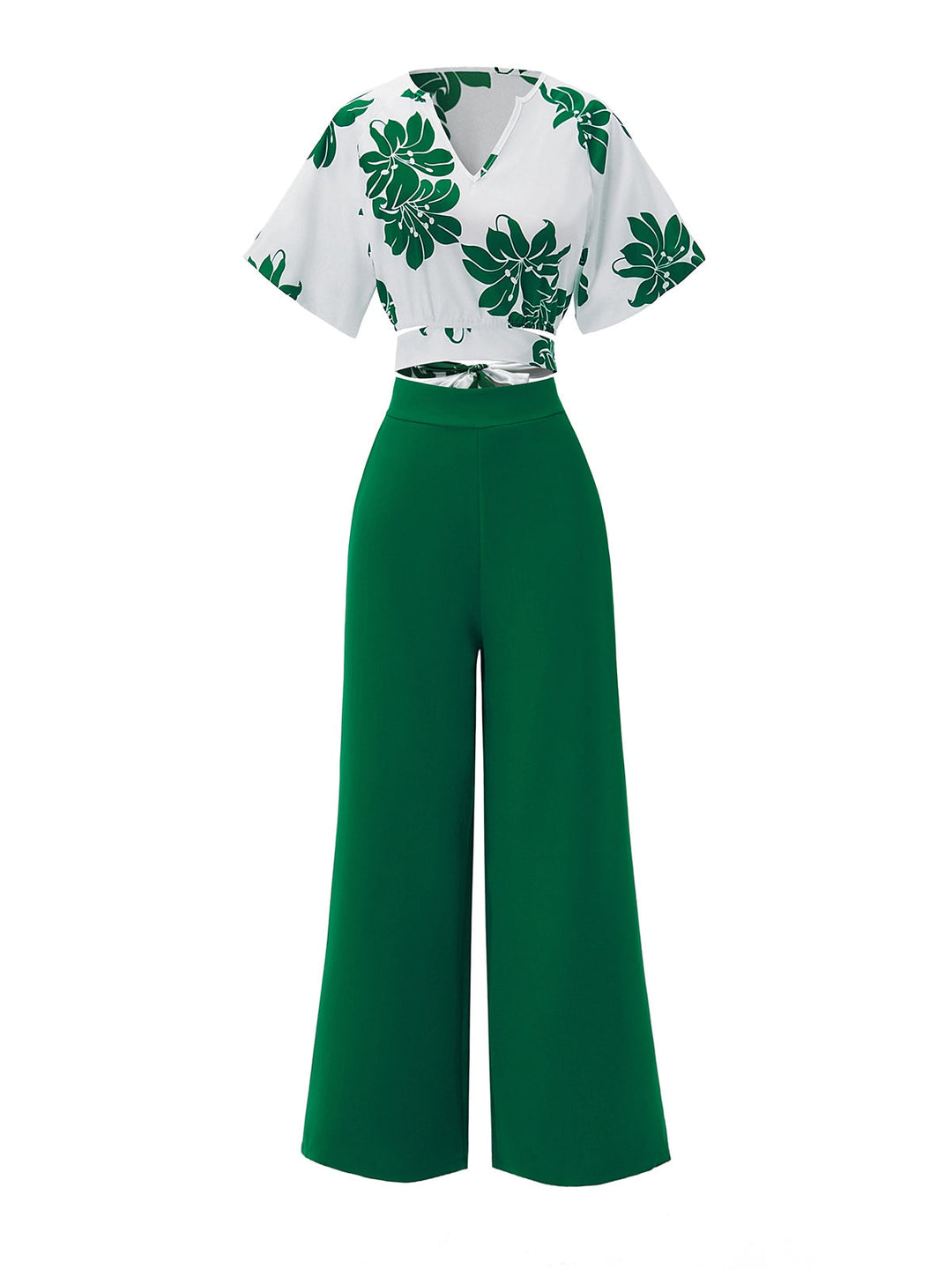 She pairs this 2PCS Green 1950s Floral Crop Top &amp; High Waist Pants with confidence and 1950s charm