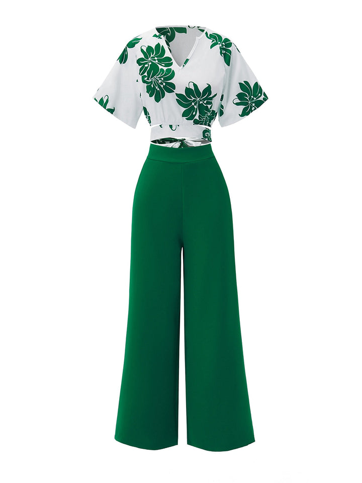 She pairs this 2PCS Green 1950s Floral Crop Top &amp; High Waist Pants with confidence and 1950s charm