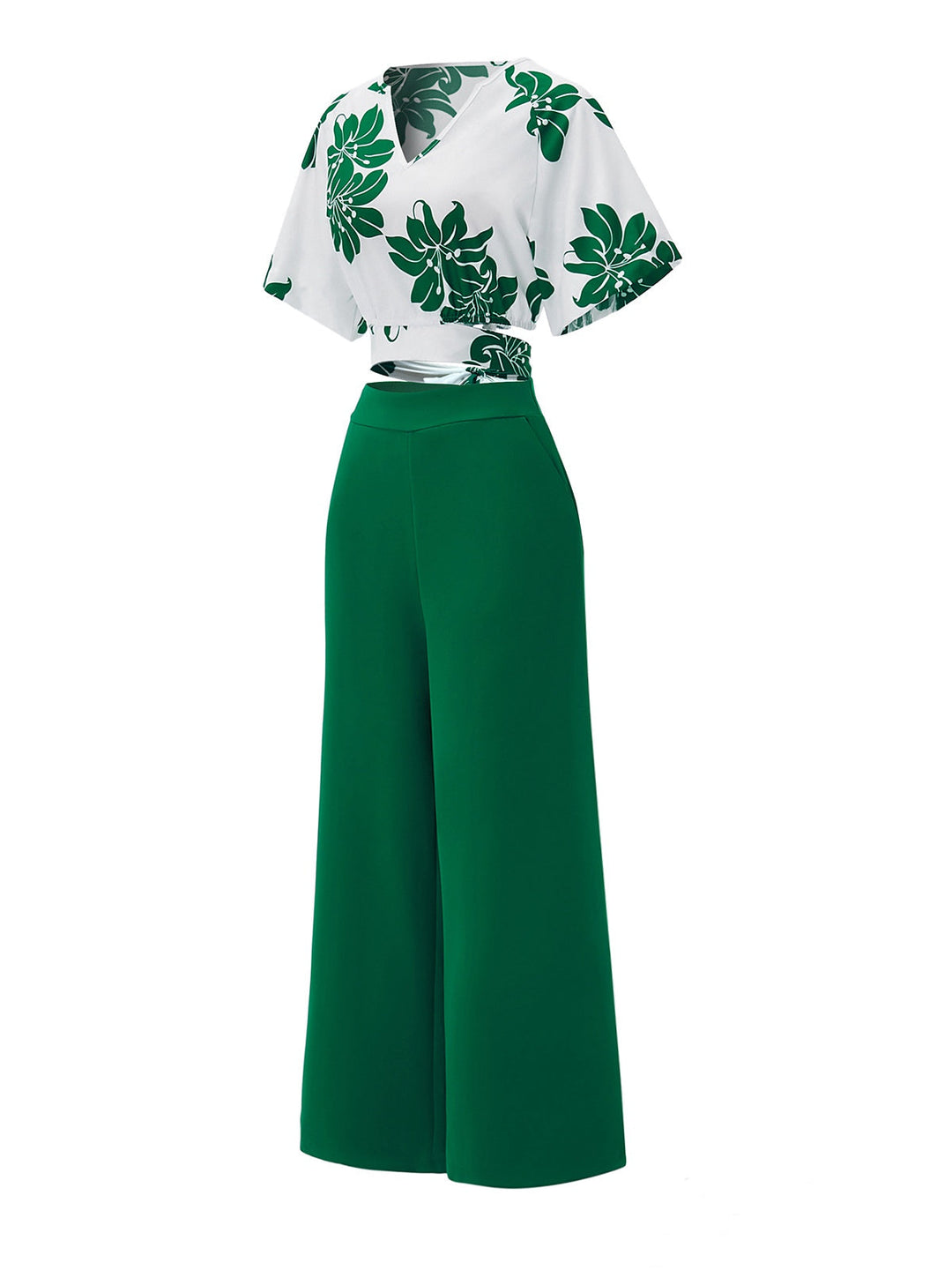 2PCS Green 1950s Floral Crop Top &amp; High Waist Pants: a 1950s classic that whispers rather than shouts