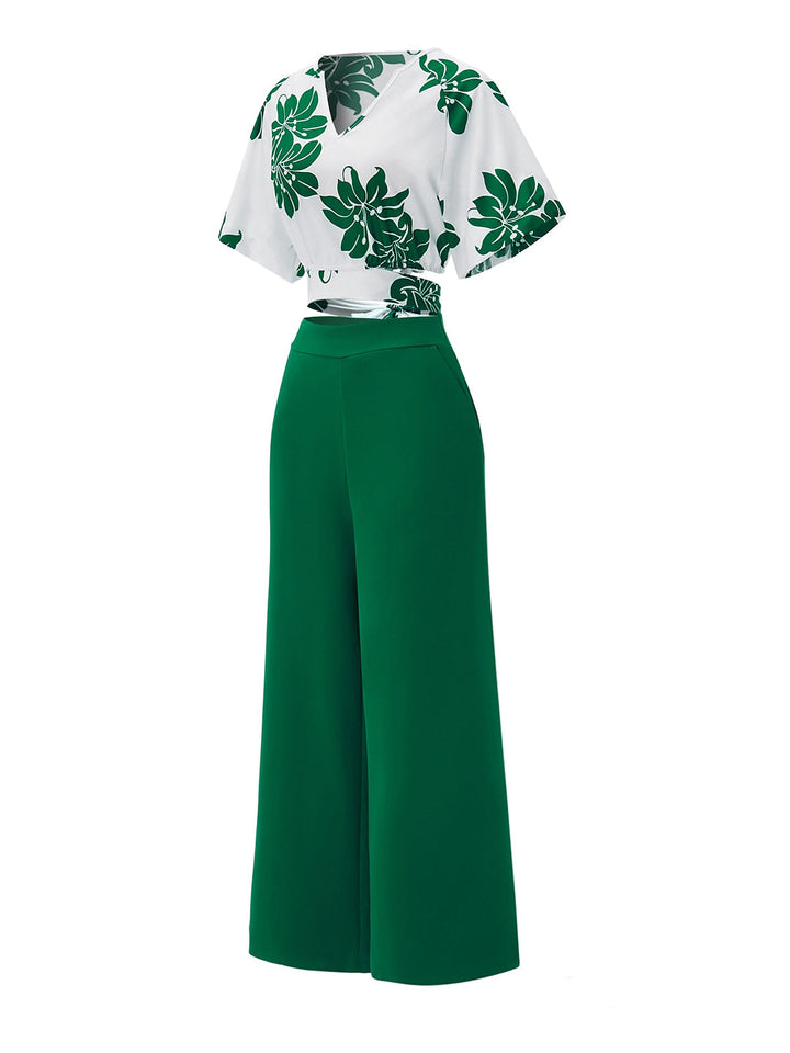 2PCS Green 1950s Floral Crop Top &amp; High Waist Pants: a 1950s classic that whispers rather than shouts