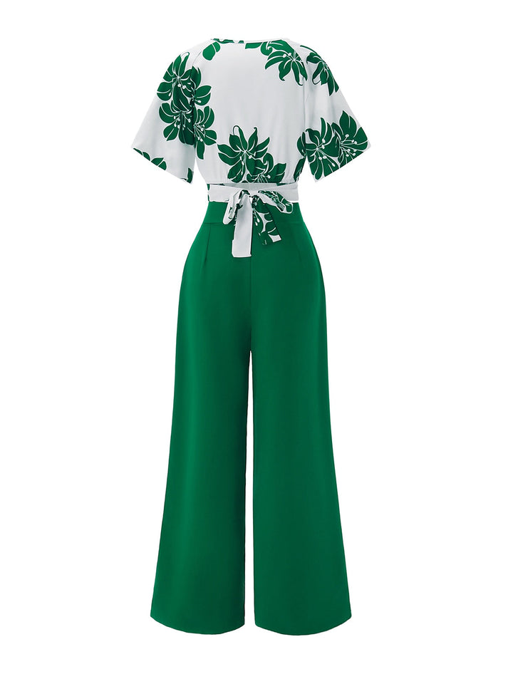 This 2PCS Green 1950s Floral Crop Top &amp; High Waist Pants brings 1950s soul to her everyday