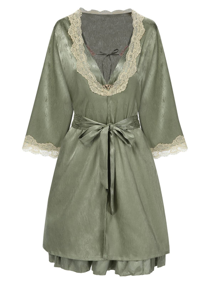2PCS Green Guipure Lace Nightgown &amp; Robe - vintage nightgown, retro sleepwear