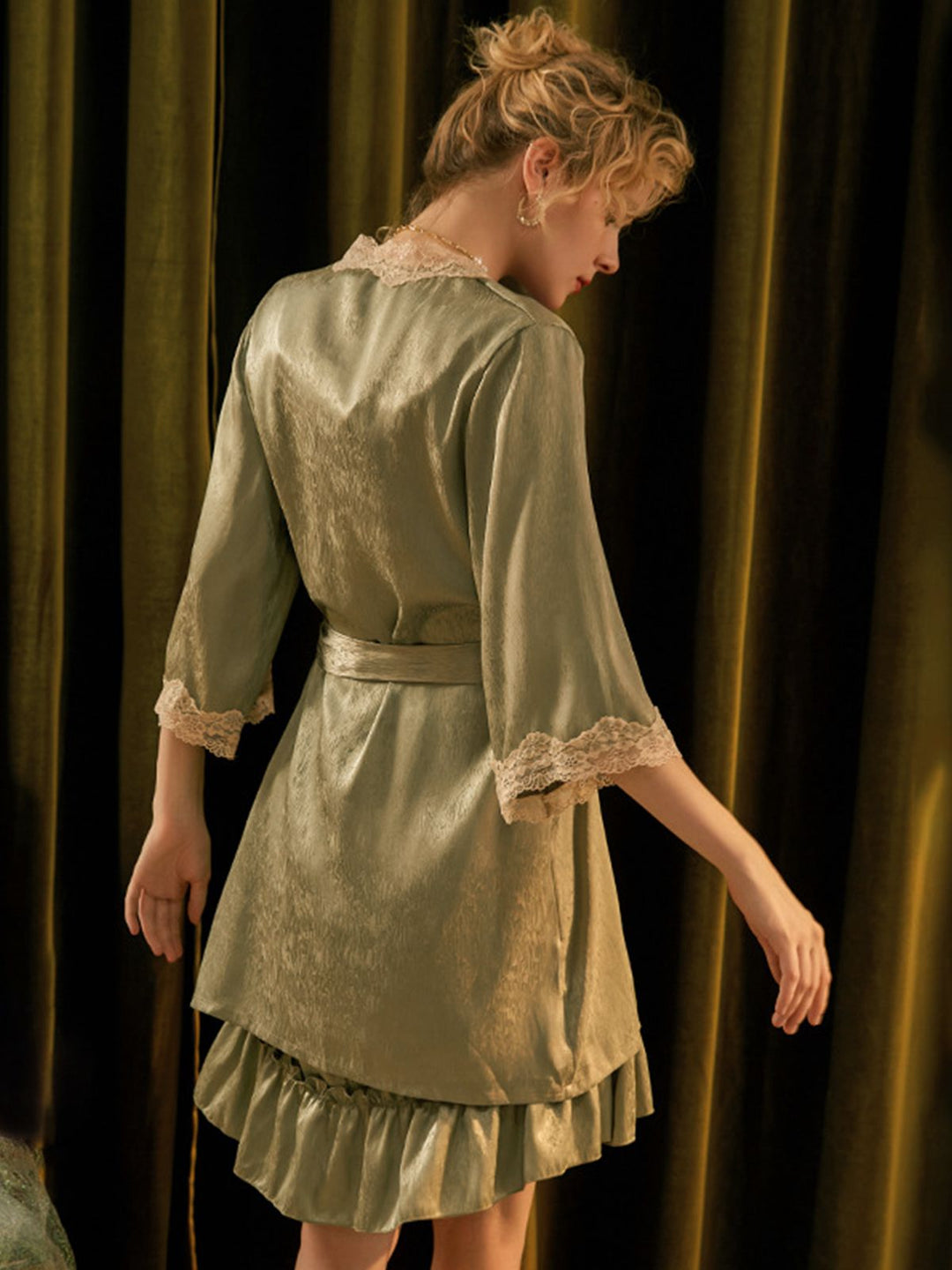 2PCS Green Guipure Lace Nightgown &amp; Robe - vintage nightgown, retro sleepwear