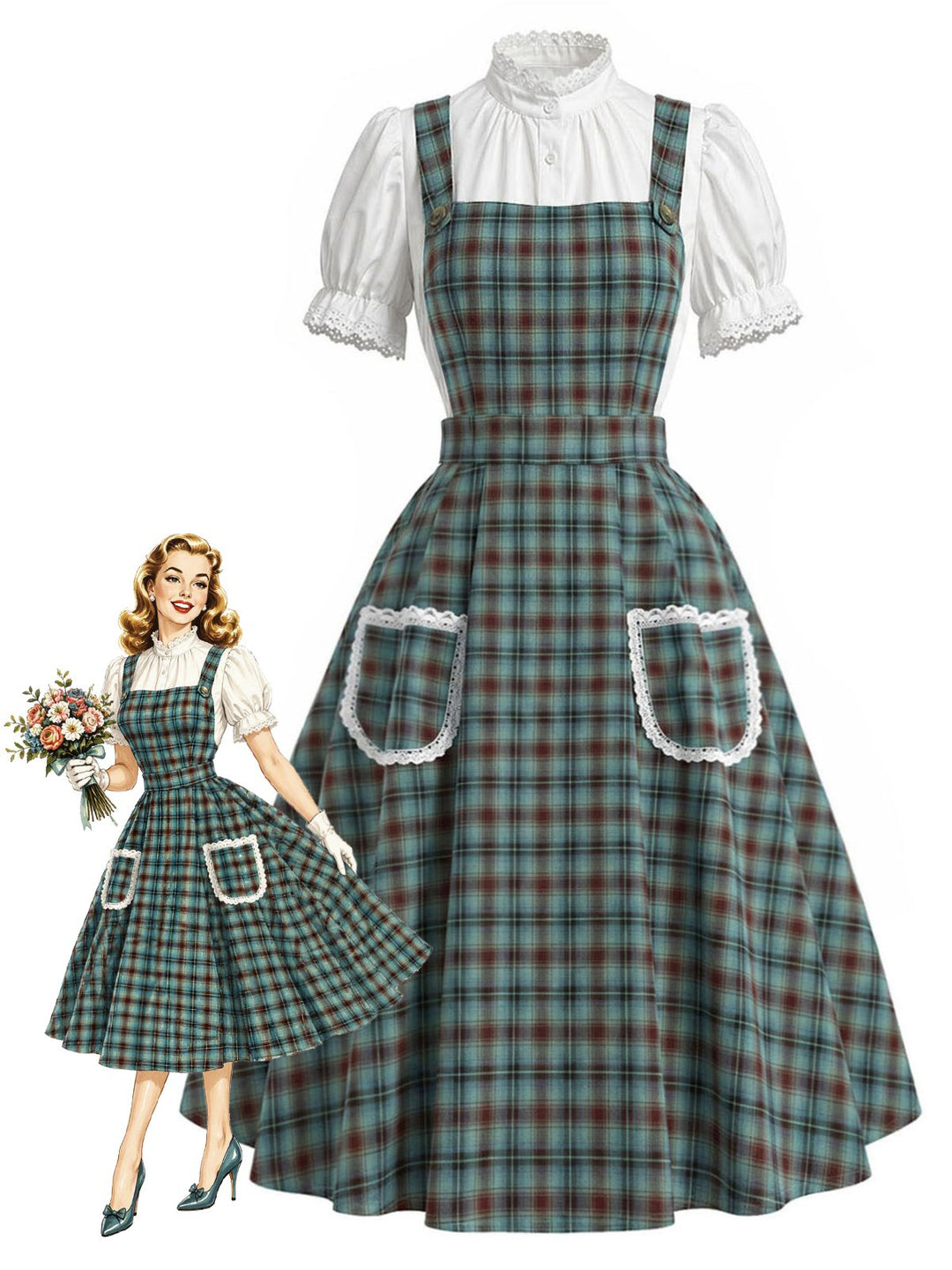 2PCS Green 1950s Plaid Lace Pocket Pinafore Dress &amp; White Top, vintage dress, retro fashion, rockabilly, pin-up fashion - vintage inspired fashion