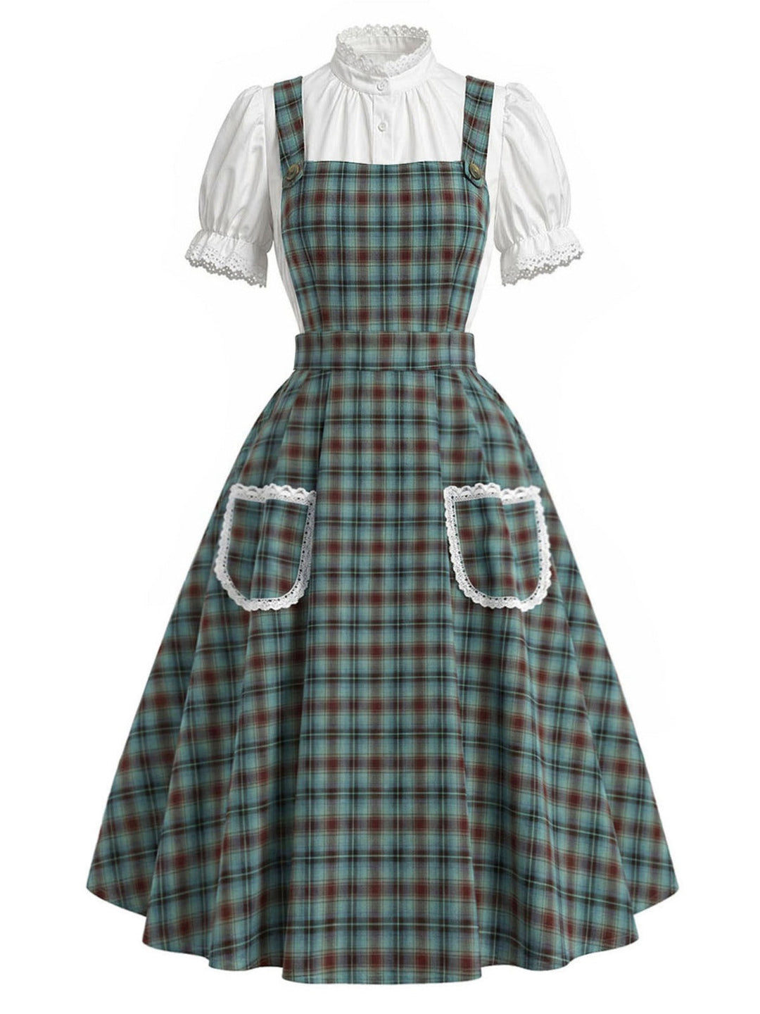 2PCS Green 1950s Plaid Lace Pocket Pinafore Dress &amp; White Top, vintage dress, retro fashion, rockabilly, pin-up fashion - vintage inspired fashion