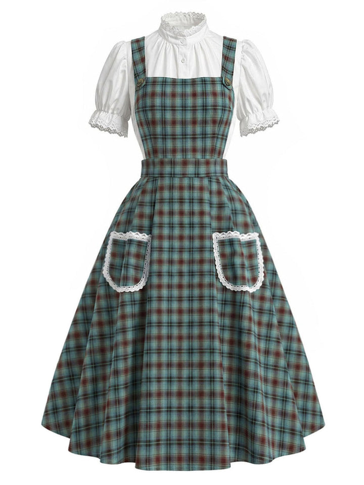 2PCS Green 1950s Plaid Lace Pocket Pinafore Dress &amp; White Top, vintage dress, retro fashion, rockabilly, pin-up fashion - vintage inspired fashion