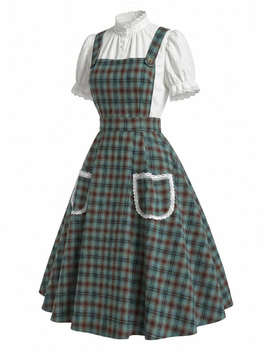 2PCS Green 1950s Plaid Lace Pocket Pinafore Dress &amp; White Top, vintage dress, retro fashion, rockabilly, pin-up fashion - vintage inspired fashion